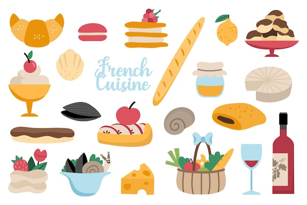 Conjunto vectorial de comida francesa Colección con baguette croissant vino eclair pasteles de galletas dulce panadería de Francia íconos con queso canasta de vino pasteles mousse macaroonxA
