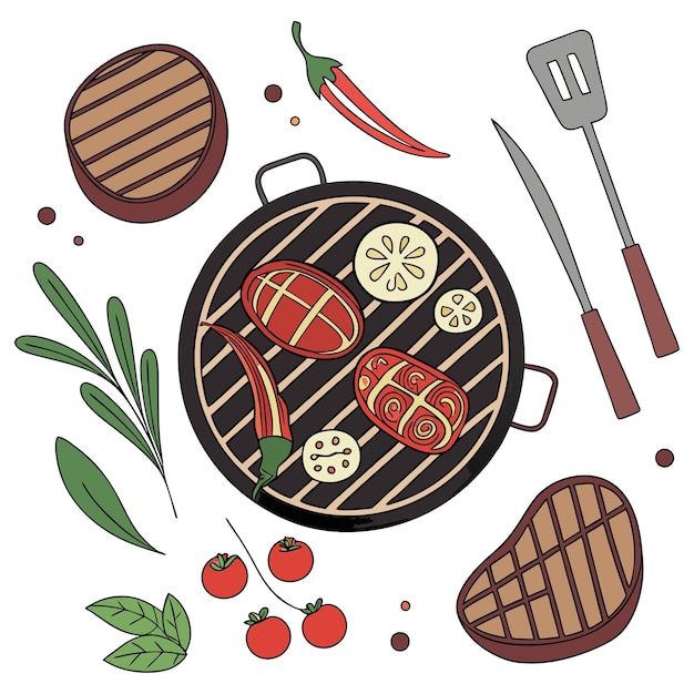 Conjunto vectorial de comida a la parrilla barbacoa varias especias y verduras asadas en una parrilla de carbón