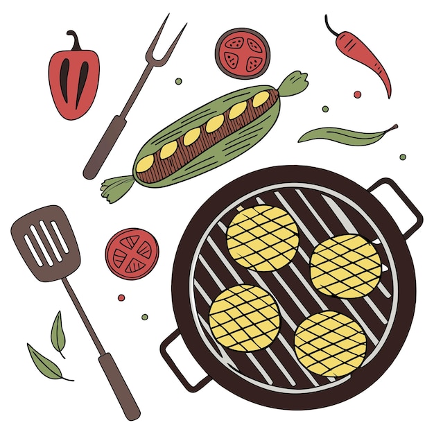 Conjunto vectorial de comida a la parrilla barbacoa varias especias y verduras asadas en una parrilla de carbón