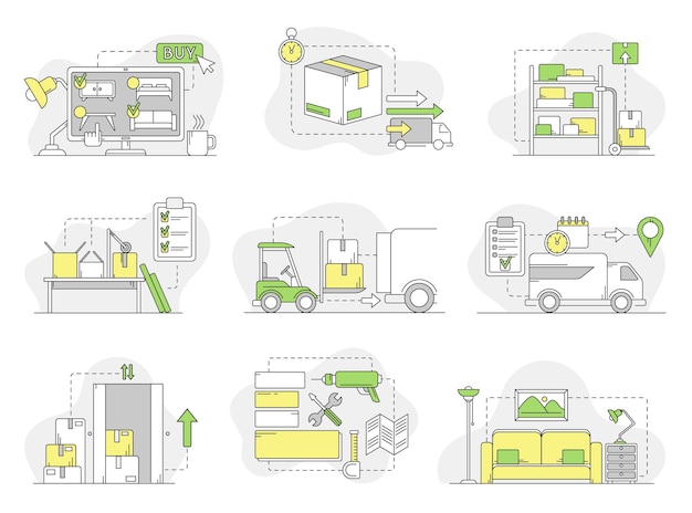 Conjunto vectorial de compra, entrega y ensamblaje de muebles