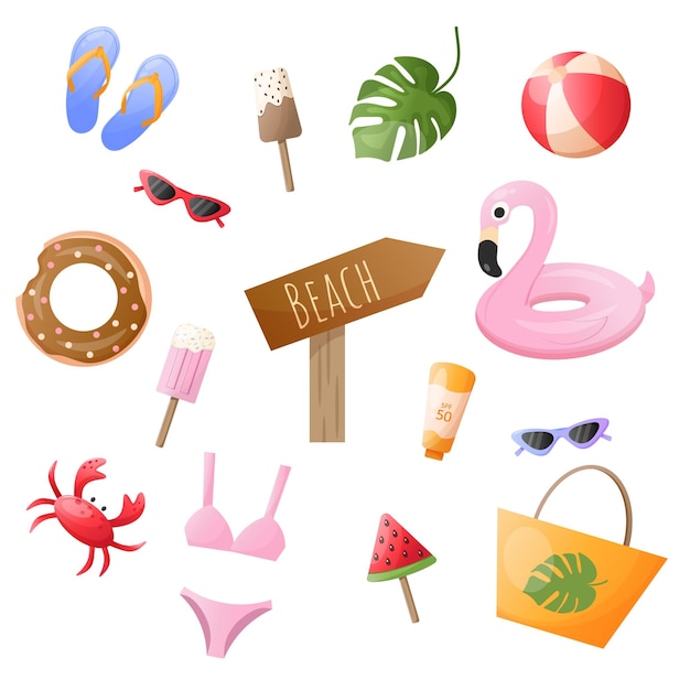 conjunto vectorial conjunto de verano de elementos lindos ilustración vectorial de dibujos animados