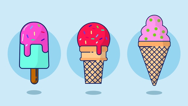 Conjunto vectorial de cono de helado aislado en el fondo imagen de cuchara de helado en estilo plano eps