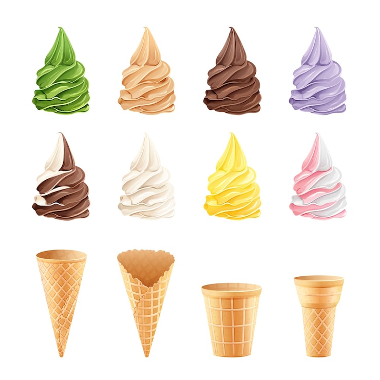 Vector conjunto vectorial de conos de helado y gofres