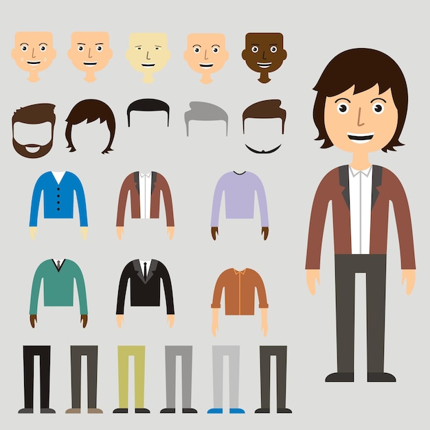 Vector conjunto vectorial de constructor de disfraces con diferentes hombres en estilo plano moderno creador de iconos de caras de hombre plano