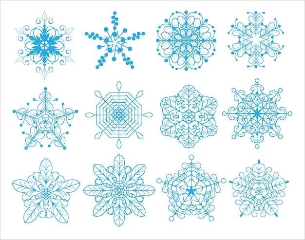 Conjunto vectorial de copos de nieve navideños para diseños festivos