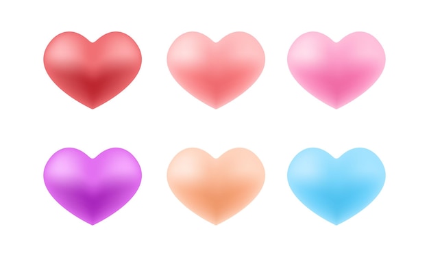 Conjunto vectorial de corazones 3D rojos aislados sobre un fondo blanco