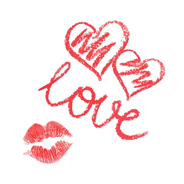 Conjunto vectorial de corazones dibujados con lápiz labial y beso sobre fondo blanco