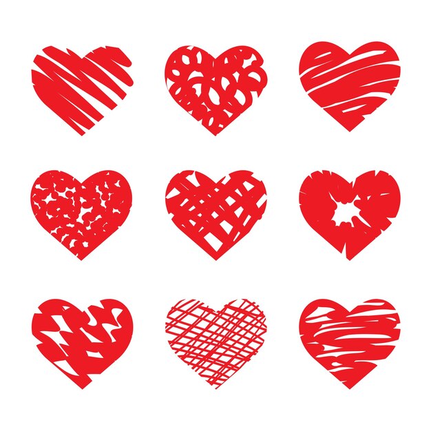 Conjunto vectorial de corazones dibujados a mano Color rojo