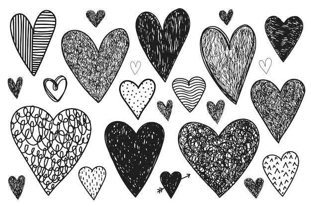 Conjunto vectorial de corazones de fideos dibujados a mano corazones blancos y negros aislados San Valentín