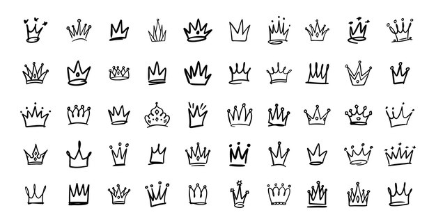 Conjunto vectorial de coronas dibujado a mano Colección de Doodle Dibujo de coronas Cabeza real Corona de la reina Corona del rey Varios diseños