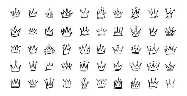 Conjunto vectorial de coronas dibujado a mano Colección de Doodle Dibujo de coronas Cabeza real Corona de la reina Corona del rey Varios diseños