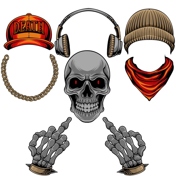 Vector conjunto vectorial cráneo hip hop diseño de ilustración