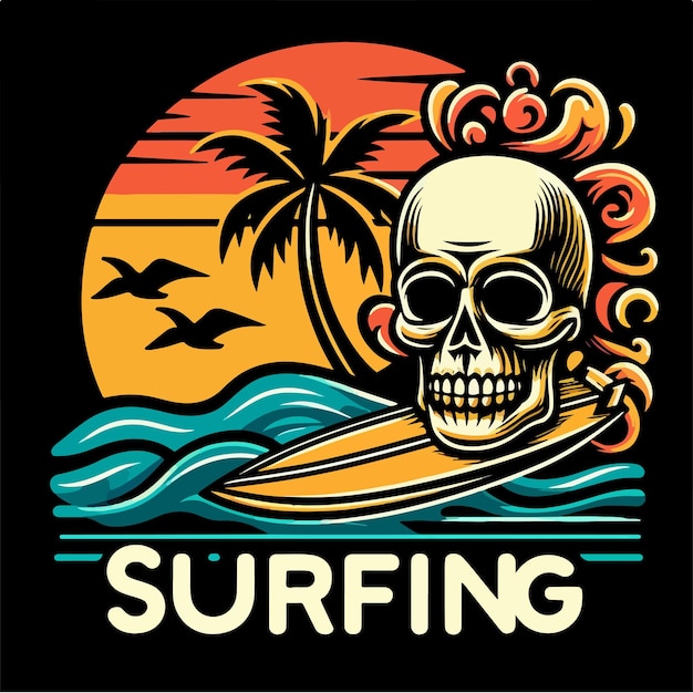 Conjunto vectorial de cráneo y surf con concepto de diseño de camiseta
