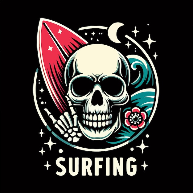 Conjunto vectorial de cráneo y surf con concepto de diseño de camiseta