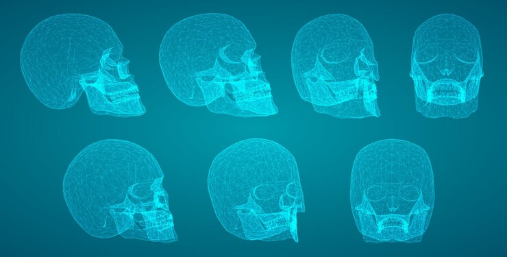 Vector conjunto vectorial de cráneos humanos con polígonos cuadrados y triangulares.