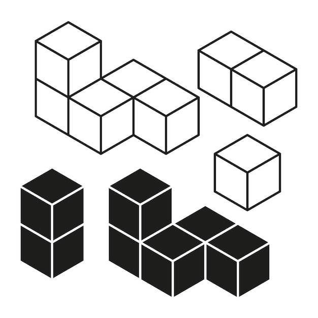 Conjunto vectorial de cubos 3D Bloques isométricos en blanco y negro Colección de formas geométricas Diseño abstracto
