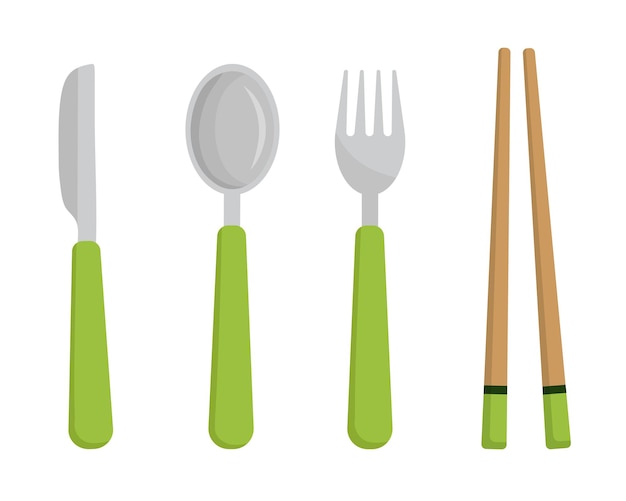 Conjunto vectorial de cuchillo de cuchara y palillos aislados sobre fondo blanco