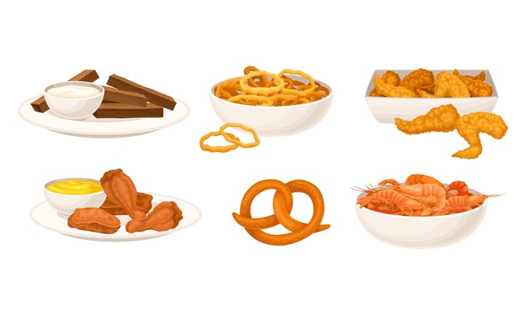 Vector conjunto vectorial de cuencos de camarones y alas de pollo asadas