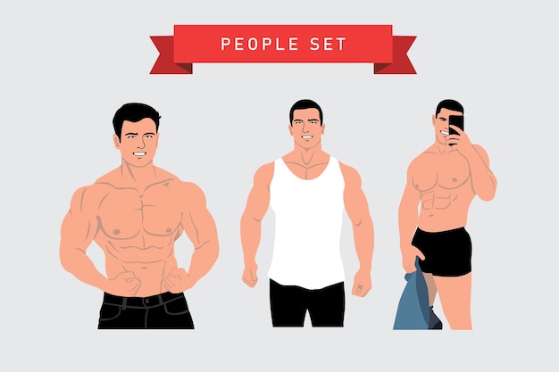 Vector conjunto vectorial de culturistas masculinos en diferentes posturas ilustración de estilo plano