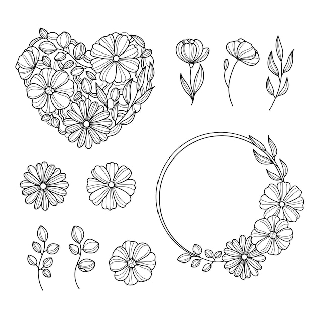 Conjunto vectorial de decoraciones florales de garabatos para bodas y otros diseños.