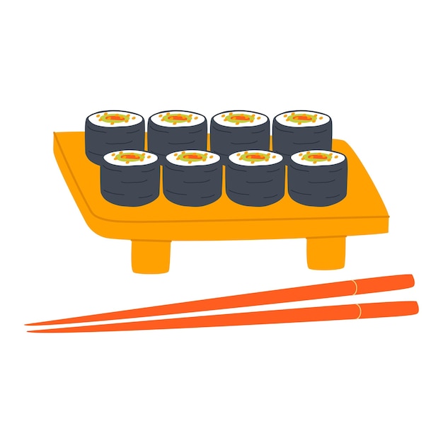 Conjunto vectorial dibujado a mano de rollos de sushi en un soporte. Comida asiática tradicional sobre un fondo blanco.