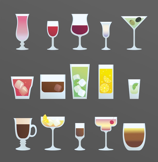 conjunto vectorial de dibujados simples planos diferentes vasos con cócteles brillantes de colores y bebidas