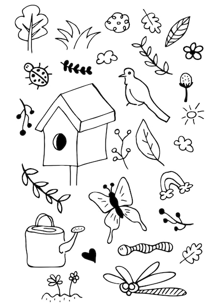 Conjunto vectorial con dibujos aislados dibujados a mano sobre el tema de las herramientas de jardín de la agricultura