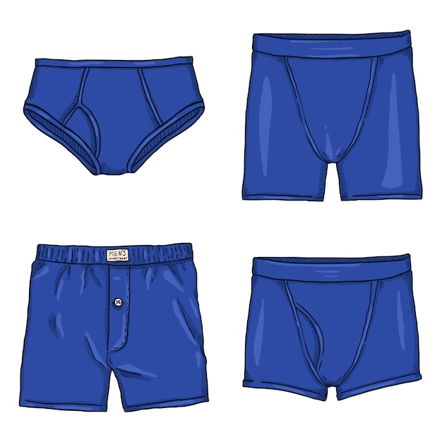 Conjunto vectorial de dibujos animados azul pantalones masculinos ropa interior masculina diferentes tipos de ropa interior