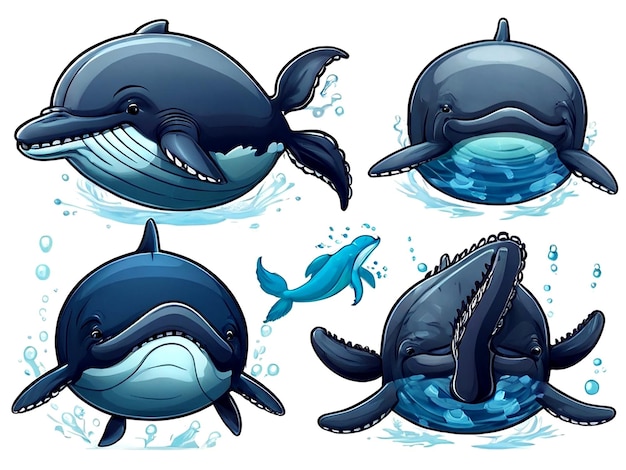 Conjunto vectorial de dibujos animados de ballena jorobada en fondo blanco aislado