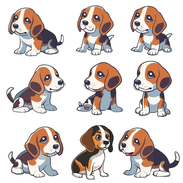 Conjunto vectorial de dibujos animados de perros lindos ilustración en fondo aislado