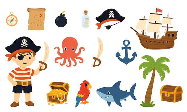 Conjunto vectorial de dibujos animados de piratas con tesoros para niños y barcos Iconos de aventuras piratas Elementos piratas lindos