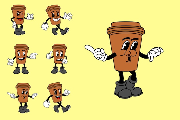 Conjunto vectorial con dibujos animados retro mascota mascota ilustraciones monocromáticas estilo vintage años 30 años 40 años 50 años estilo
