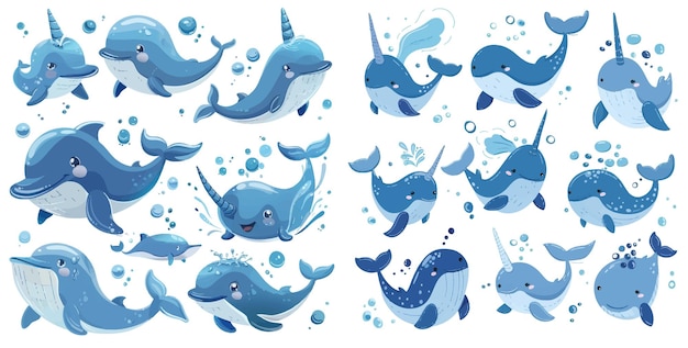 Conjunto vectorial de dibujos animados simple Criaturas acuáticas narvales salpicando agua a través del agujero de soplo