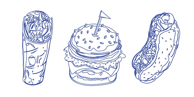 Conjunto vectorial de dibujos lineales iconos de alimentos Contorno lineal arte de líneas delgadas boceto dibujado a mano