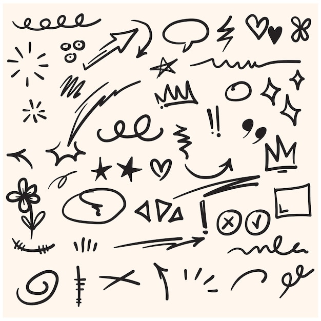 Conjunto vectorial de dibujos a mano de signos de expresión caricaturesca con dibujos al estilo de la ilustración y el arte de la línea