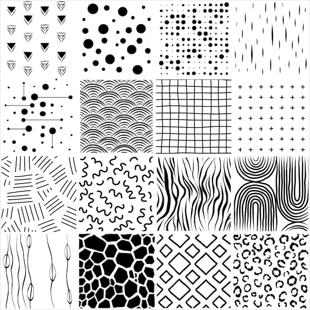 Conjunto vectorial de dieciséis patrones geométricos Texturas con estilo modernas Fondos repetitivos Ilustración vectorial