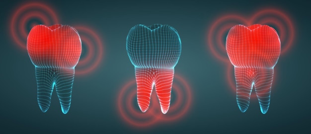 Conjunto vectorial de dientes 3d en un dolor de muelas de fondo oscuro