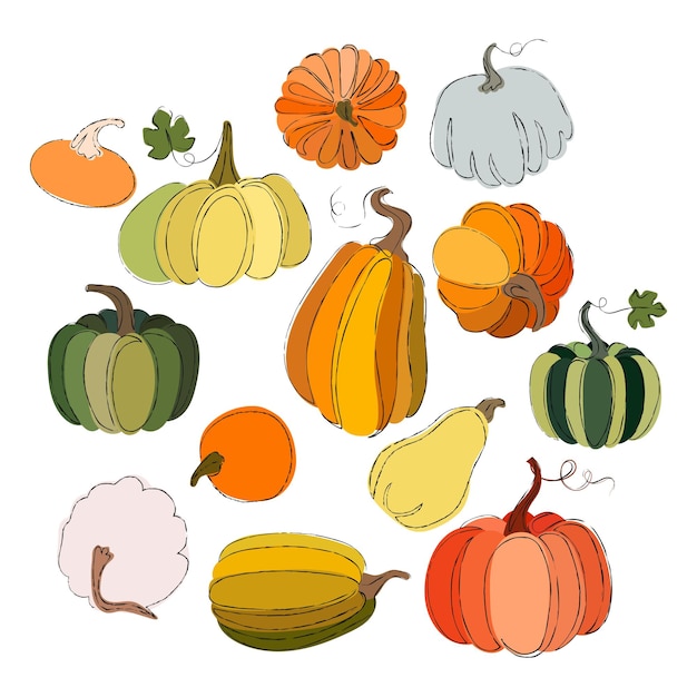 Conjunto vectorial de diferentes calabazas ilustración de moda colorida en estilo plano y garabato texturas de impresión todos los elementos están aislados