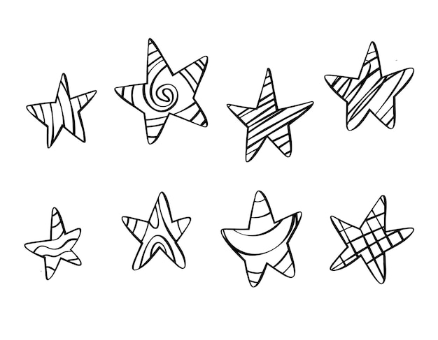 Vector conjunto vectorial de diferentes estrellas en un fondo blanco elementos de garabateo dibujados a mano