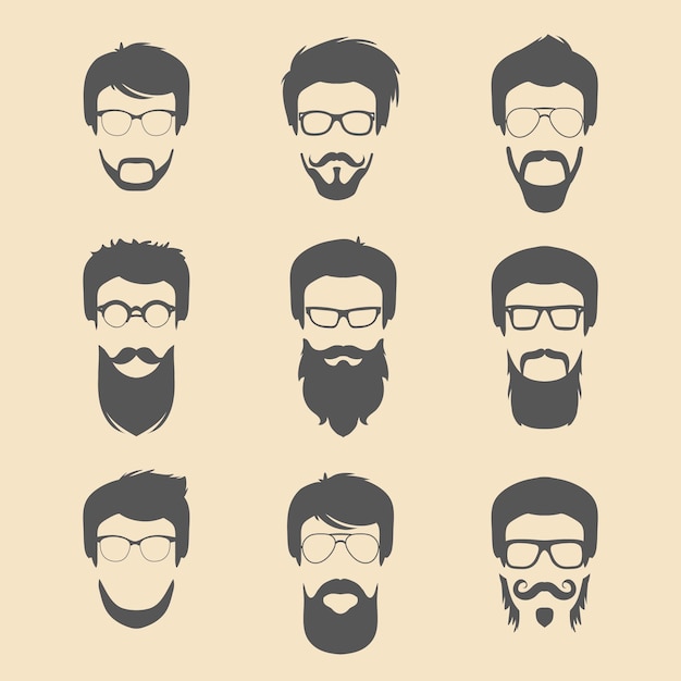 Conjunto vectorial de diferentes hombres hipster cortes de pelo barba bigote iconos en estilo plano moderno Colección de caras de hombre