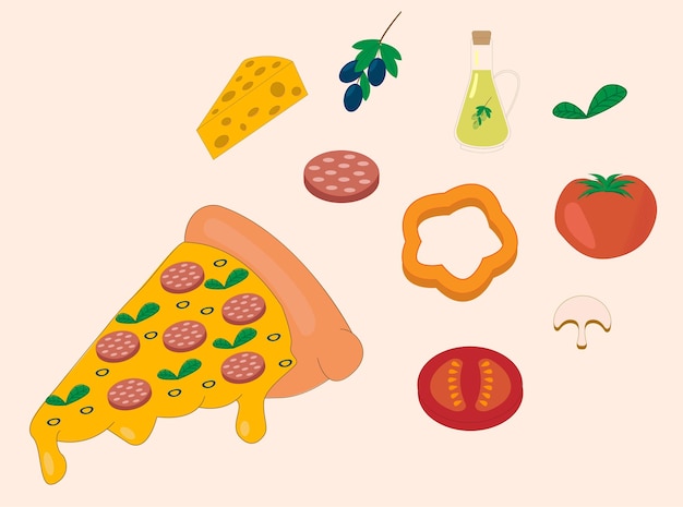 Conjunto vectorial de diferentes ingredientes para pizza con pizza aislada