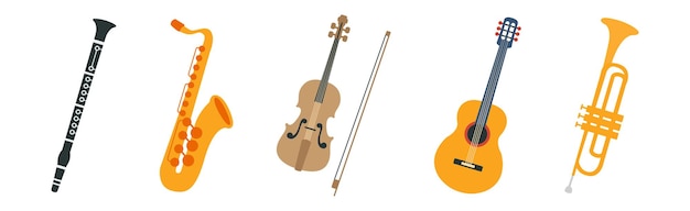 Vector conjunto vectorial de diferentes instrumentos musicales para conciertos en vivo