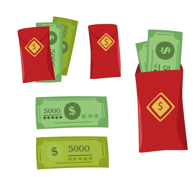 Conjunto vectorial de dinero afortunado dinero afortunado en sobre rojo en los días de año nuevo concepto de año nuevo chino