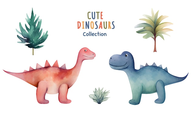 Conjunto vectorial de dinosaurios y árboles de acuarela Ilustración de dinosaurios dibujados a mano Pequeños dinosaurios