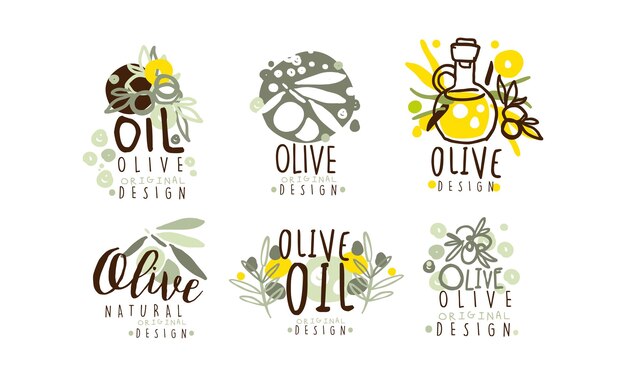 Conjunto vectorial de diseño de etiquetas y logotipos de aceite de oliva