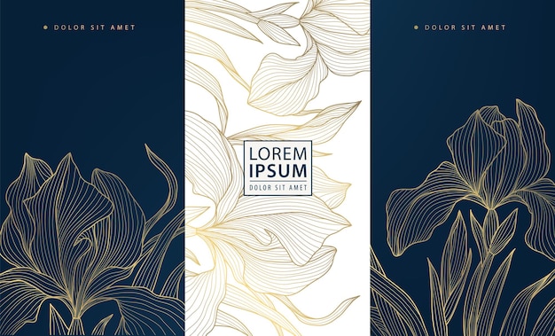Conjunto vectorial de diseños florales de línea dorada de lujo diseño elegante de la naturaleza hoja fondos florales modernos