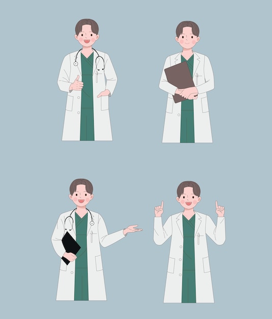 Conjunto vectorial de diversos médicos sonrientes en uniforme listos para dar un servicio médico de buena calidad