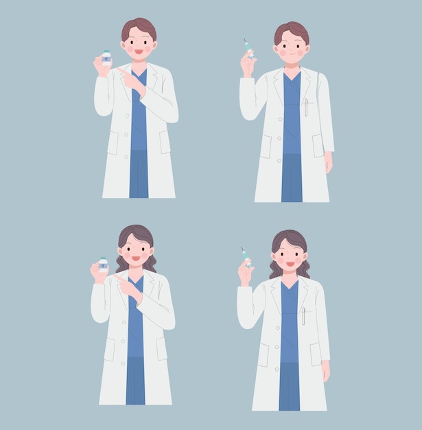 Conjunto vectorial de diversos médicos sonrientes en uniforme listos para dar un servicio médico de buena calidad