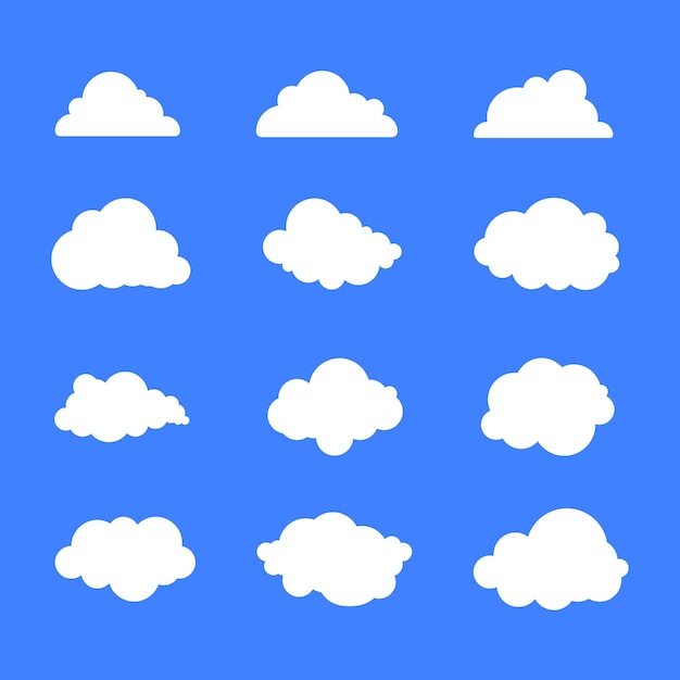 Conjunto vectorial de doce ilustraciones de nubes sobre un fondo azul