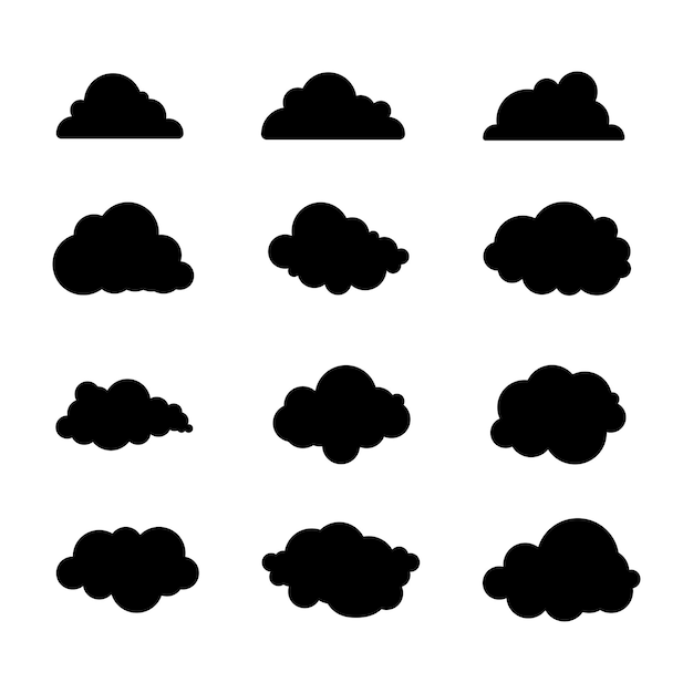 Conjunto vectorial de doce ilustraciones de nubes sobre un fondo